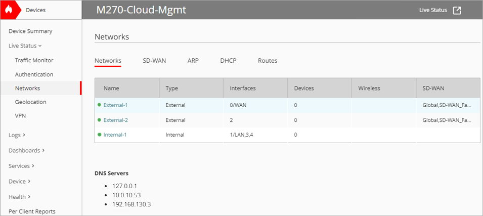 Screen shot of WatchGuard Cloud, Live Status, Networks
