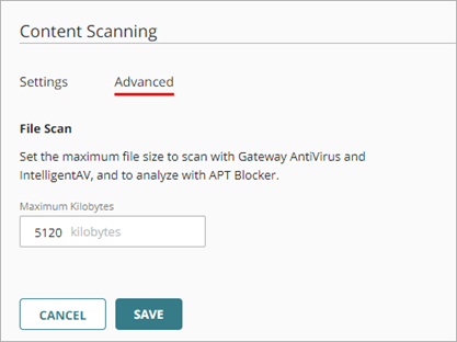 WatchGuard Cloud screen shot of Content Scanning Advanced settings page