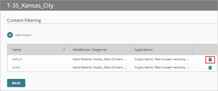WatchGuard Cloud screen shot of Content Filtering page, delete icon