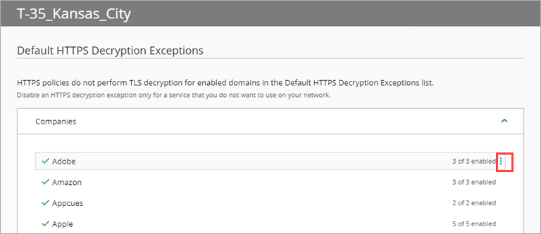 Screen shot of WatchGuard Cloud Exceptions, Manage HTTPS Decryption Exceptions page