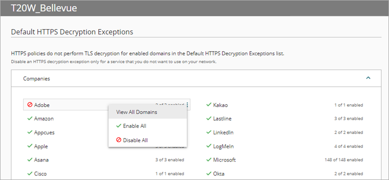 Screen shot of WatchGuard Cloud Exceptions page, View all domains