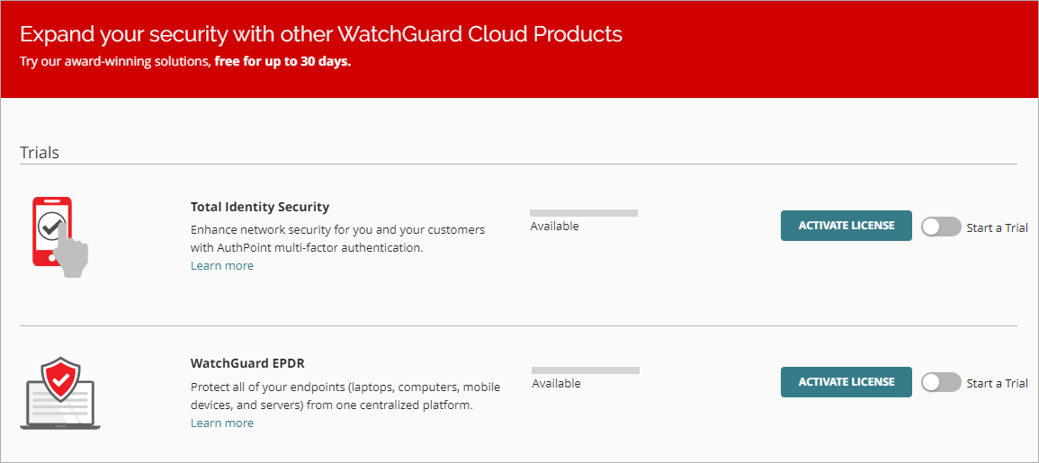 Screen shot of available trials in WatchGuard Cloud.