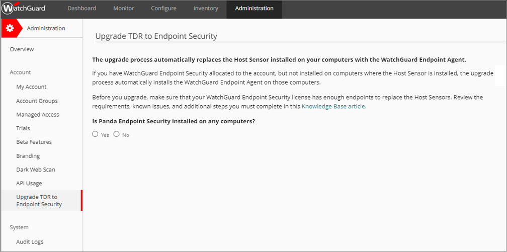 Screen shot of WatchGuard Endpoint Security, Upgrade TDR to Endpoint Security