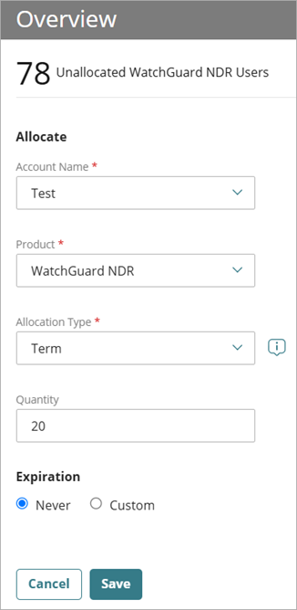 Screenshot of the WatchGuard NDR Allocate Users Overview page in WatchGuard Cloud