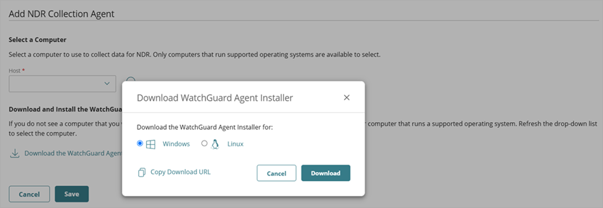 Screenshot of the Add WatchGuard NDR Collection Agent page that shows the Windows installer option