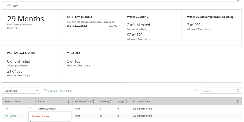 Screen shot of Allocation table for ThreatSync+ NDR, remove license action