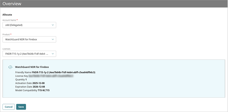 Screenshot of the Overview > NDR > Allocation page in WatchGuard Cloud