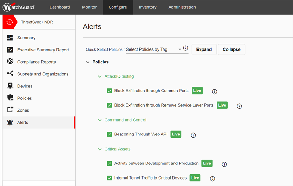 Screenshot of the Alerts page in the Configure menu in ThreatSync+ NDR