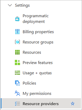 Screenshot of the Settings drop-down list for a selected subscription in the Azure Portal