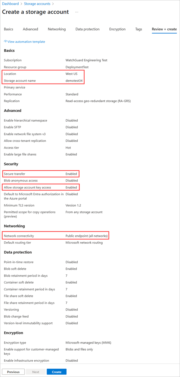 Screenshot of the Create a Storage Account settings in the Microsoft Azure Portal