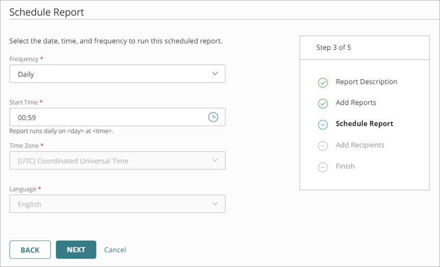 Screenshot of the Schedule Report page, Step 3, in the Add a Scheduled Report Wizard