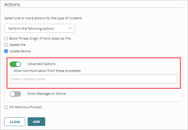 Screenshot of Isolate Device Advanced Options section on the Add Policy page.