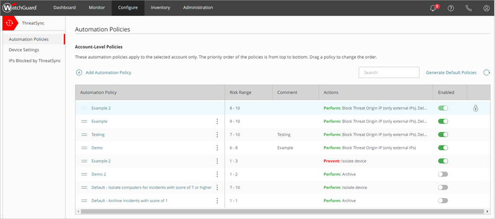 Screen shot of the Automation Policies page in ThreatSync