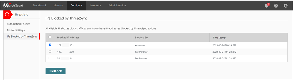 Screenshot of the IPs Blocked by ThreatSync page in WatchGuard Cloud