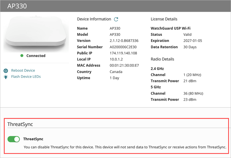 Screenshot of the ThreatSync toggle on the Device Settings page in for an Access Point in WatchGuard Cloud
