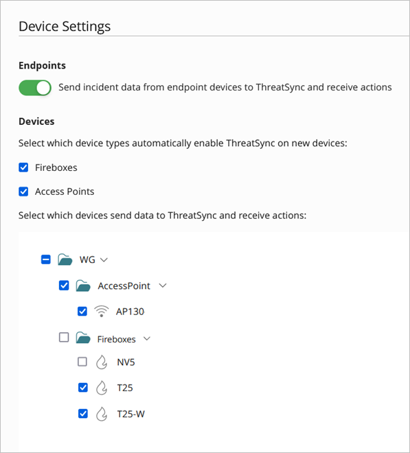 Screenshot of ThreatSync Device Settings page