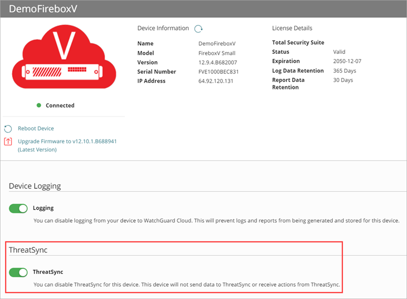 Screen shot of the ThreatSync toggle on the Device Settings page in WatchGuard Cloud