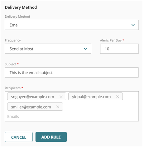 Screen shot of the Delivery Method section on the Add Rule page in WatchGuard Cloud