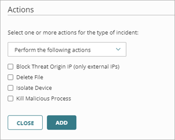 Screen shot of the Actions section on the Add Policy page in ThreatSync