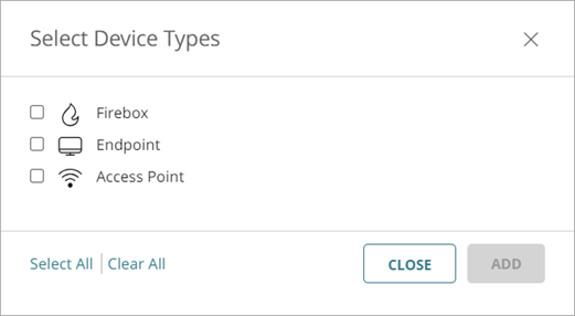 Screen shot of the Select Device Types dialog box on the Add Policy page