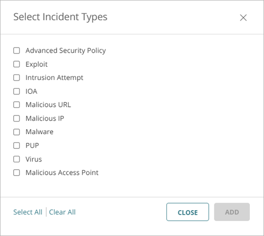 Screen shot of the Select Incident Types dialog box on the Add Policy page