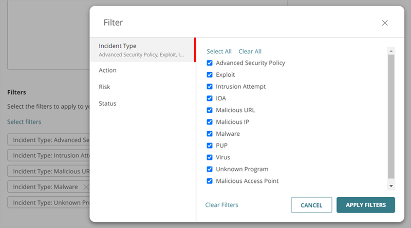 Screenshot of the Filter dialog box in the Add a Scheduled Report Wizard in WatchGuard Cloud