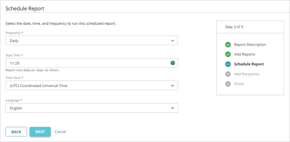 Screenshot of the Schedule Report page, Step 3, in the Add a Scheduled Report Wizard
