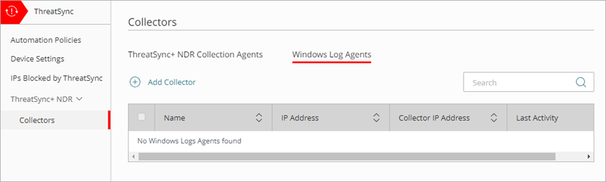 Screenshot of the Windows Log Agents tab on the Collectors page