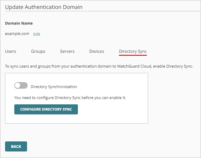 Screen shot of the Directory Sync tab on the Authentication Domain page