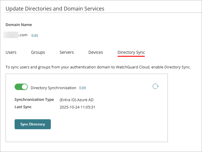Screen shot of the directory sync tab for an Entra ID authentication domain.