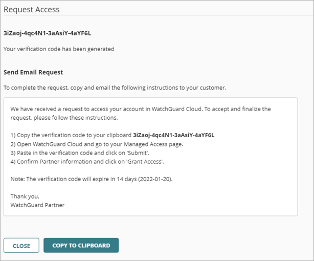 Screen shot of WatchGuard Cloud, Request Access Verification Code