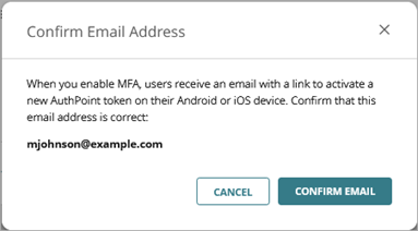 Screen shot of the confirm email address for mfa dialog box