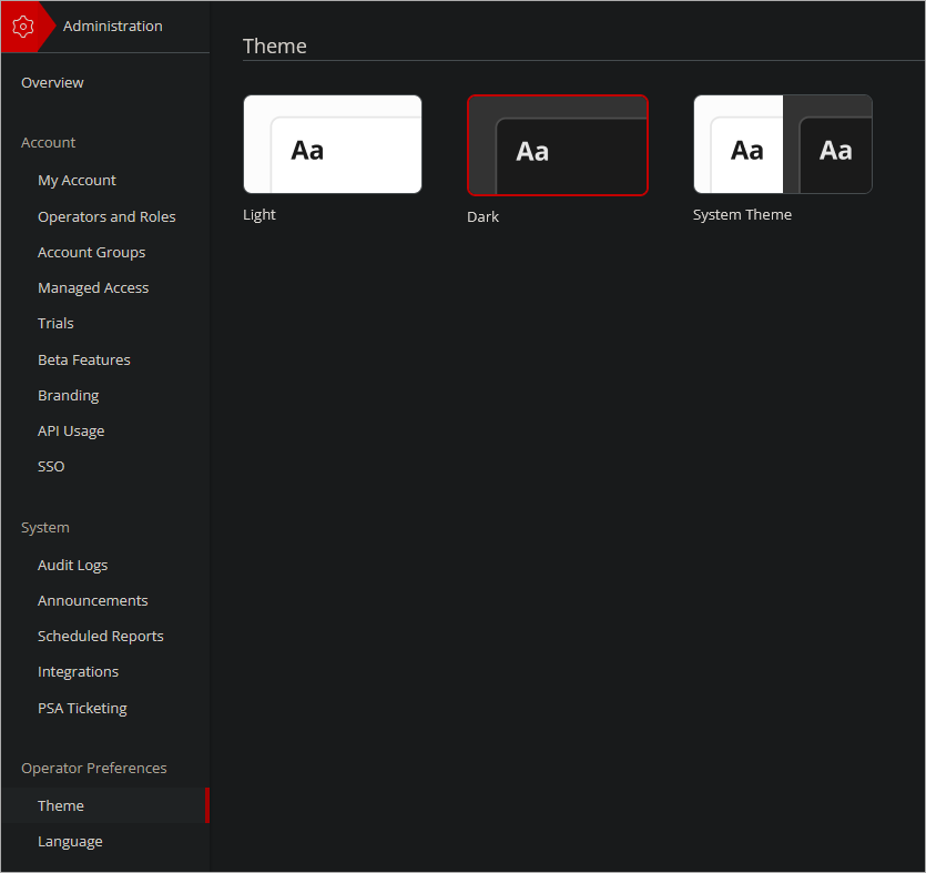 Screen shot of Administration > Theme page dark setting in WatchGuard Cloud