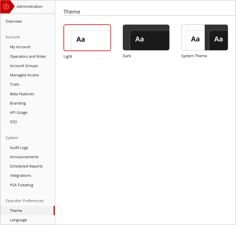 Screen shot of Administration > Theme page in WatchGuard Cloud