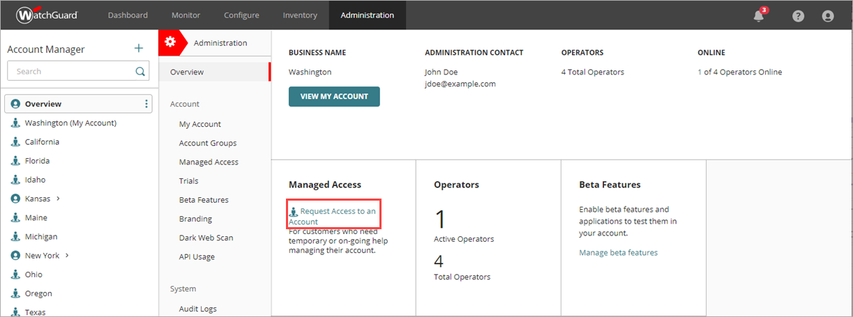 Screen shot of WatchGuard Cloud, Administration Overview