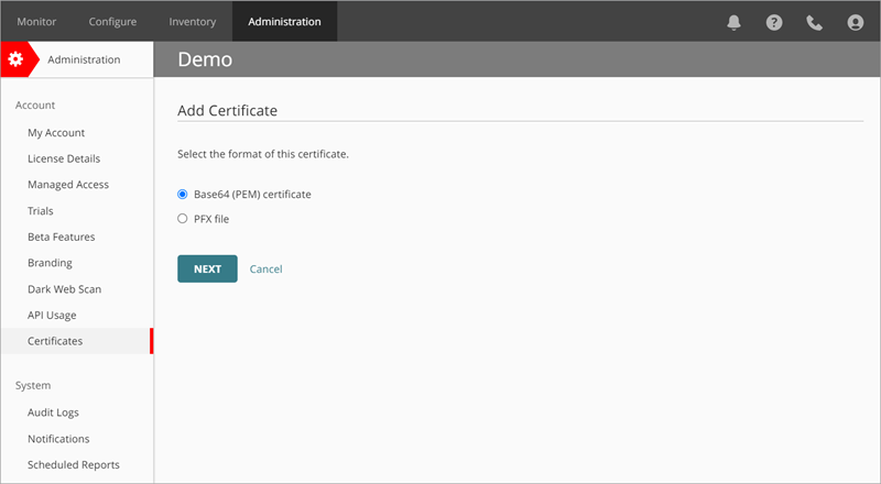 Screen shot of the Add Certificate page