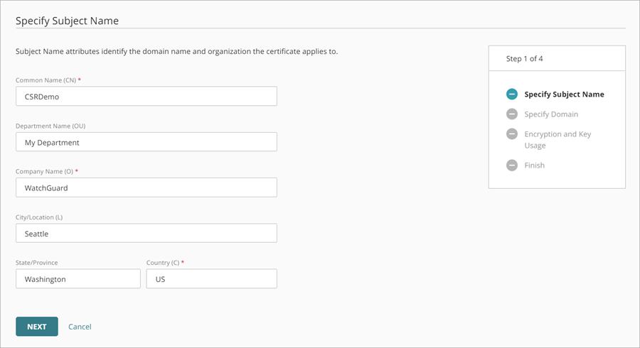 Screen shot of the Specify Subject Name page for a CSR