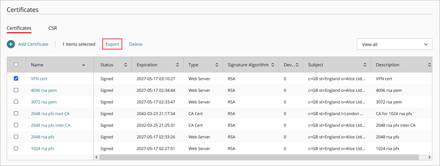 Screen shot of the export option on the Certificates page