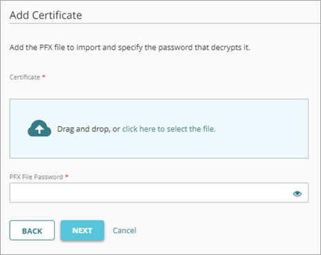 Screen shot of the verify screen for adding a PFX certificate