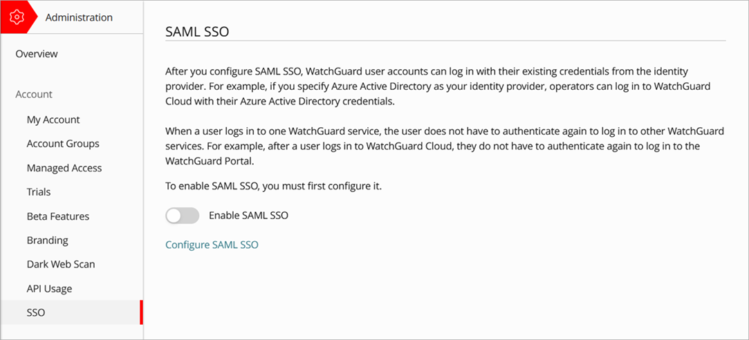 Screenshot of the SAML SSO page