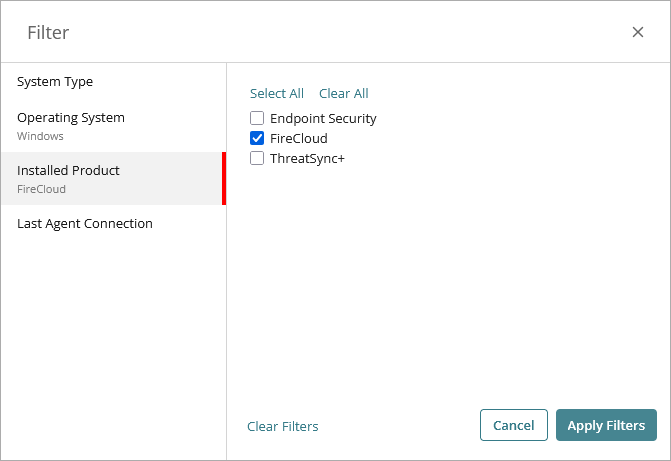 Screen shot of Filter dialog box, Installed Product