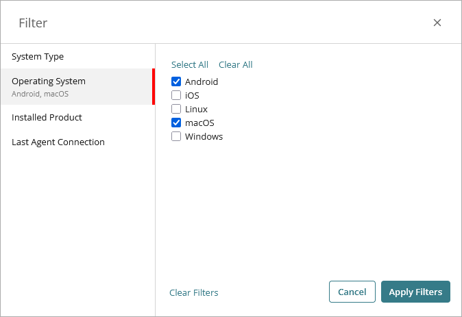 Screen shot of Filter dialog box, Operating System
