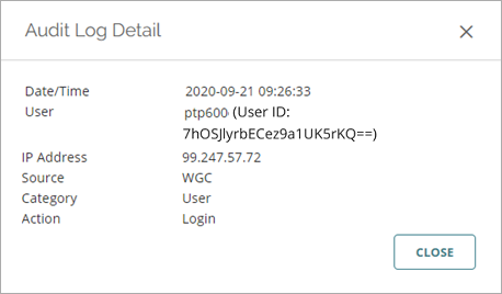 Screen shot of WatchGuard Cloud, Audit Log Details dialog box