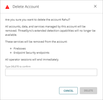 Screen shot of WatchGuard Cloud Delete Account dialog box