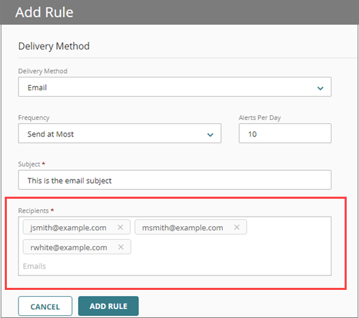 Screen shot of WatchGuard Cloud, Add Rule page, Recipients section