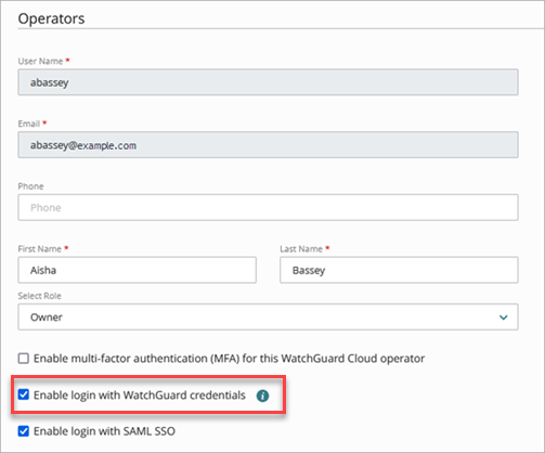 Screenshot of the edit operator settings enable login with WatchGuard credentials check box