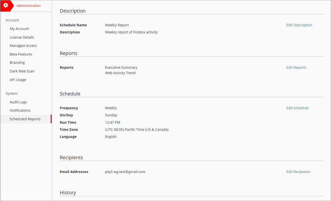 Screen shot of WatchGuard Cloud, Schedules Reports details
