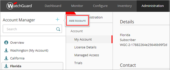 Screen shot of WatchGuard Cloud, Account Manager, Add Account