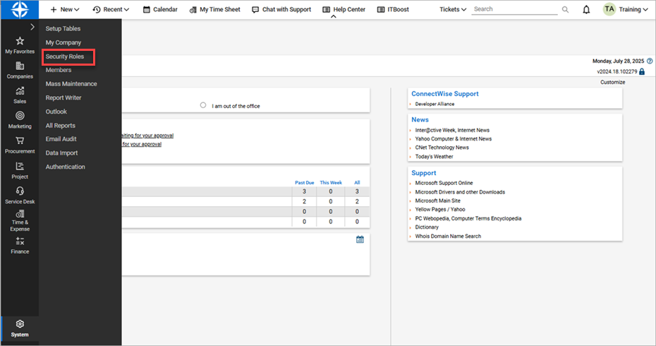 Screen shot of the ConnectWise Manage user interface