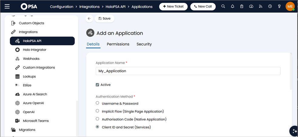 Screenshot of the HaloPSA Add an Application page